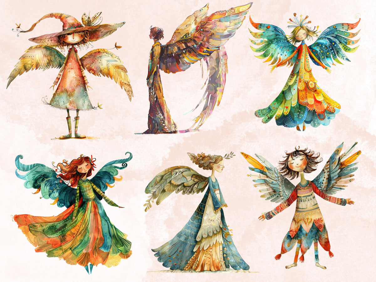 50 PNG Watercolor Whimsical Clipart, Quirky Angel Illustrations Clip art, Peculiar Fairy Girl png, Whimsical Mixed Media Art Sublimation