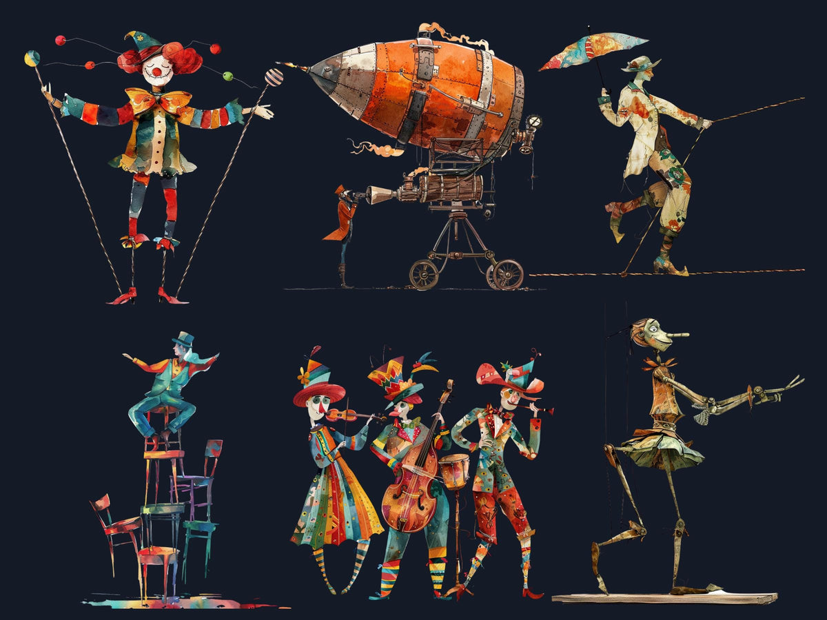 60 PNG Watercolor Whimsical Circus Clipart, Quirky Vintage Circus Illustrations Clip art, Cute Creepy Clown png, Circus Ephemera Sublimation
