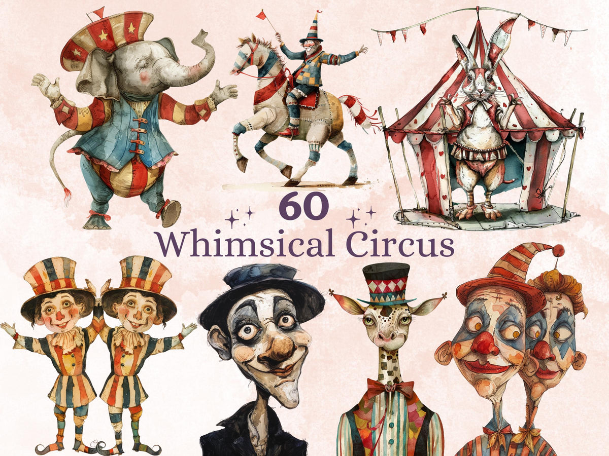 60 PNG Watercolor Whimsical Circus Clipart, Quirky Vintage Circus Illustrations Clip art, Cute Creepy Clown png, Circus Ephemera Sublimation
