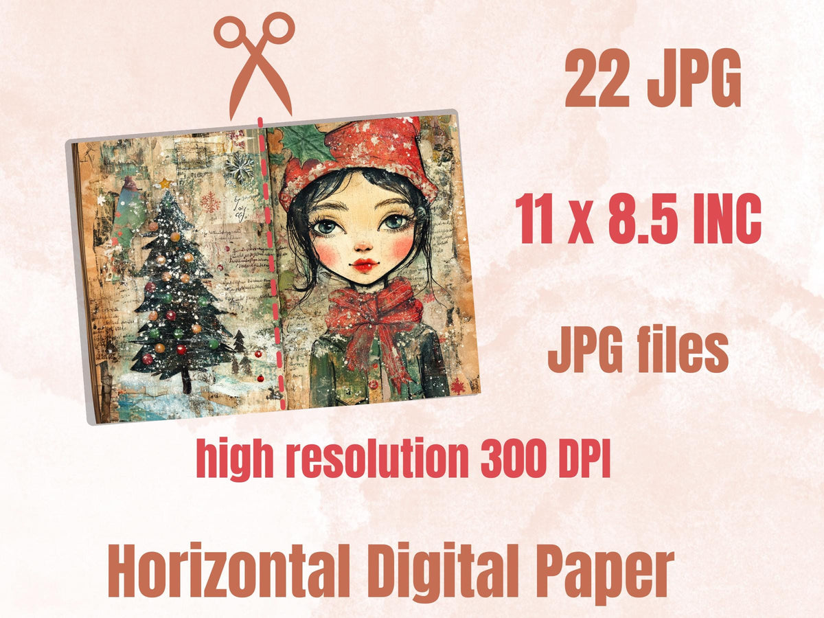 Whimsical Christmas Girl Junk Journal Kit, Double Pages Ephemera, Xmas Collage Sheet,  Christmas Scrapbook Paper, Printable Vintage ATC Card