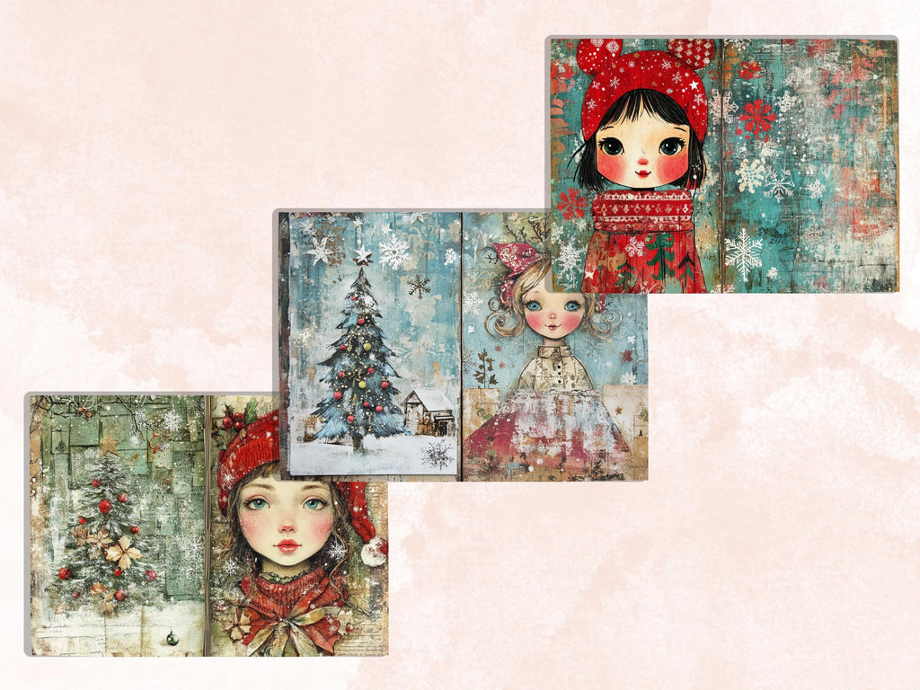 Whimsical Christmas Girl Junk Journal Kit, Double Pages Ephemera, Xmas Collage Sheet,  Christmas Scrapbook Paper, Printable Vintage ATC Card