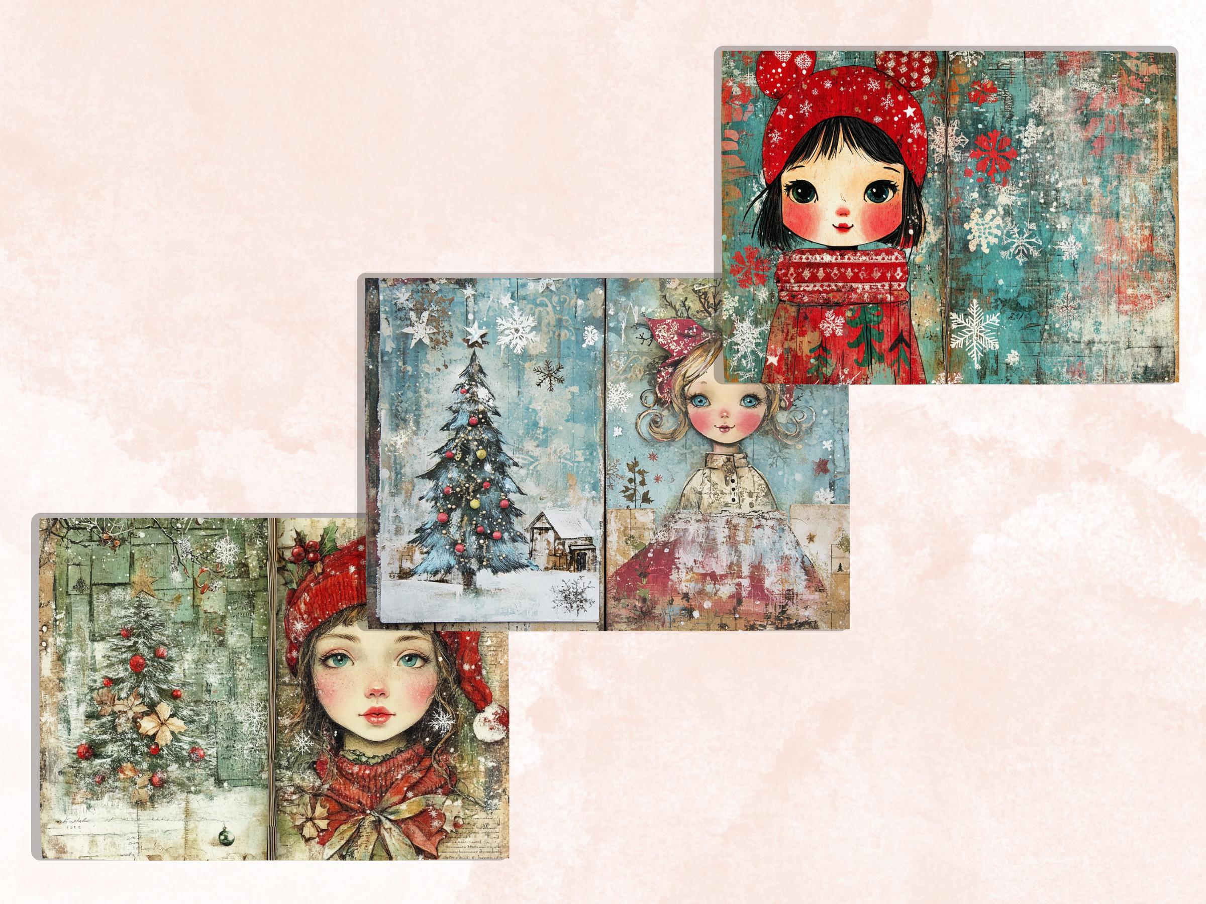 Whimsical Christmas Girl Junk Journal Kit, Double Pages Ephemera, Xmas Collage Sheet,  Christmas Scrapbook Paper, Printable Vintage ATC Card