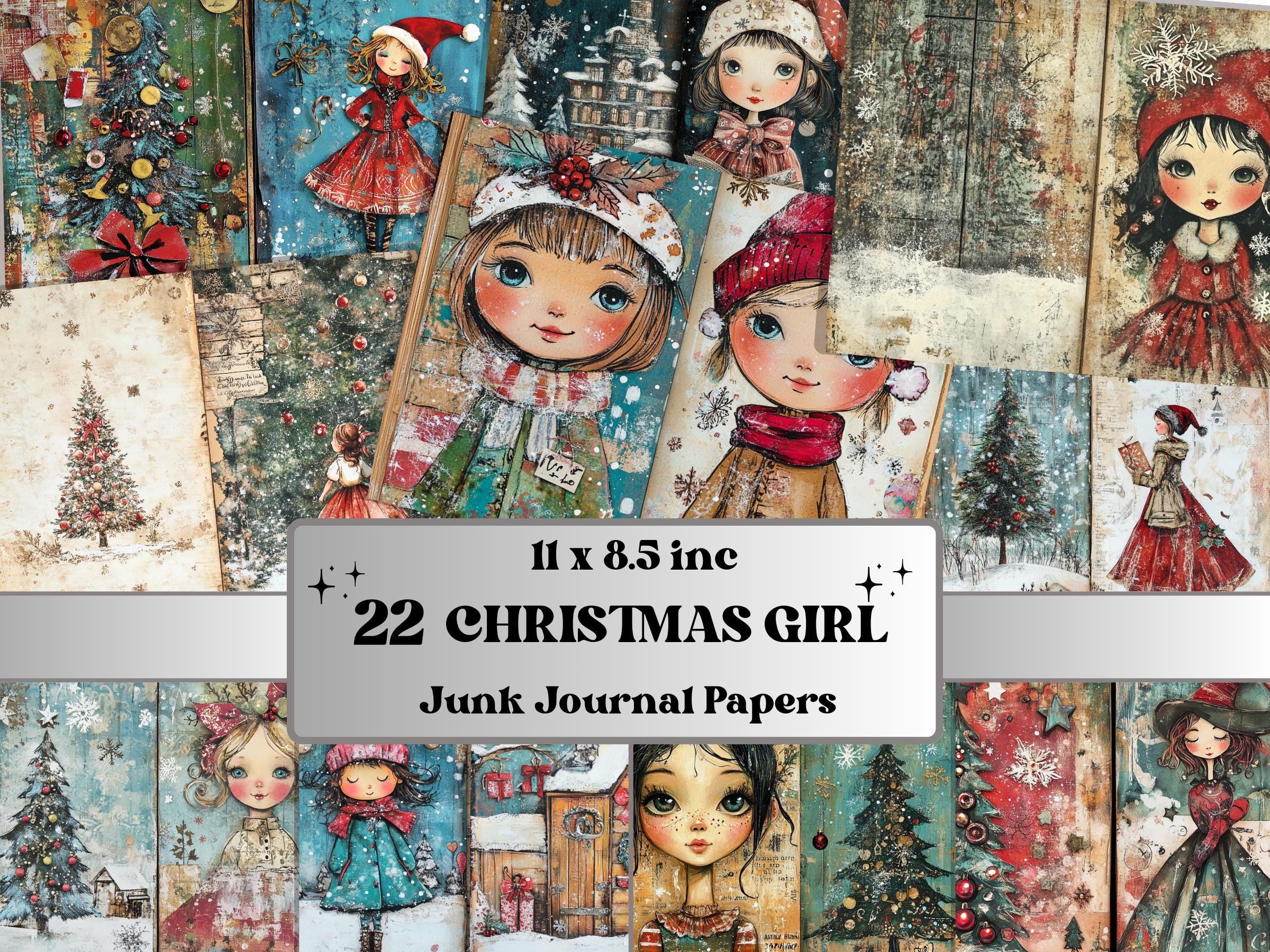 Whimsical Christmas Girl Junk Journal Kit, Double Pages Ephemera, Xmas Collage Sheet,  Christmas Scrapbook Paper, Printable Vintage ATC Card