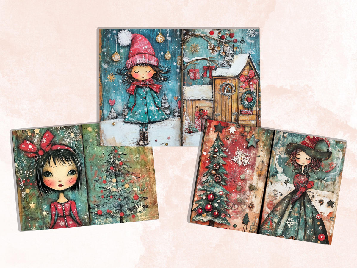 Whimsical Christmas Girl Junk Journal Kit, Double Pages Ephemera, Xmas Collage Sheet,  Christmas Scrapbook Paper, Printable Vintage ATC Card