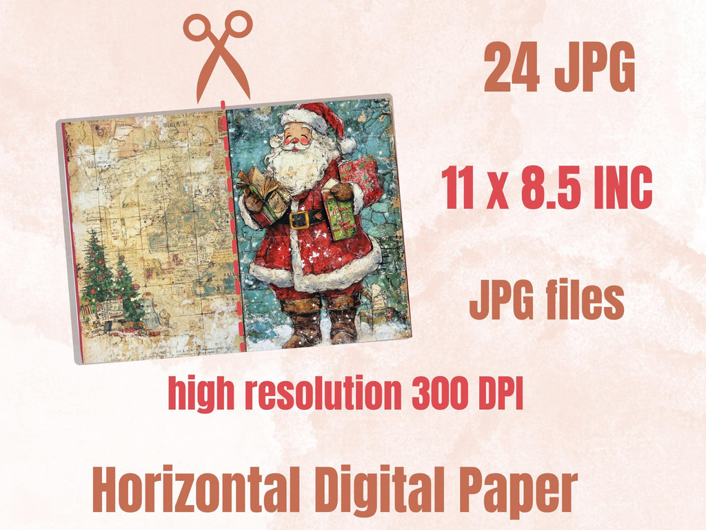 Whimsical Santa Claus Junk Journal Kit, Noel Double Pages Ephemera, Mixed Media Collage Sheet,  Xmas Scrapbook Paper, Christmas ATC Card