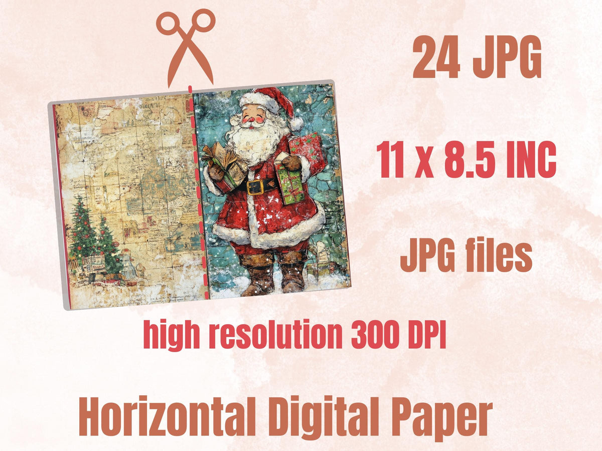 Whimsical Santa Claus Junk Journal Kit, Noel Double Pages Ephemera, Mixed Media Collage Sheet,  Xmas Scrapbook Paper, Christmas ATC Card