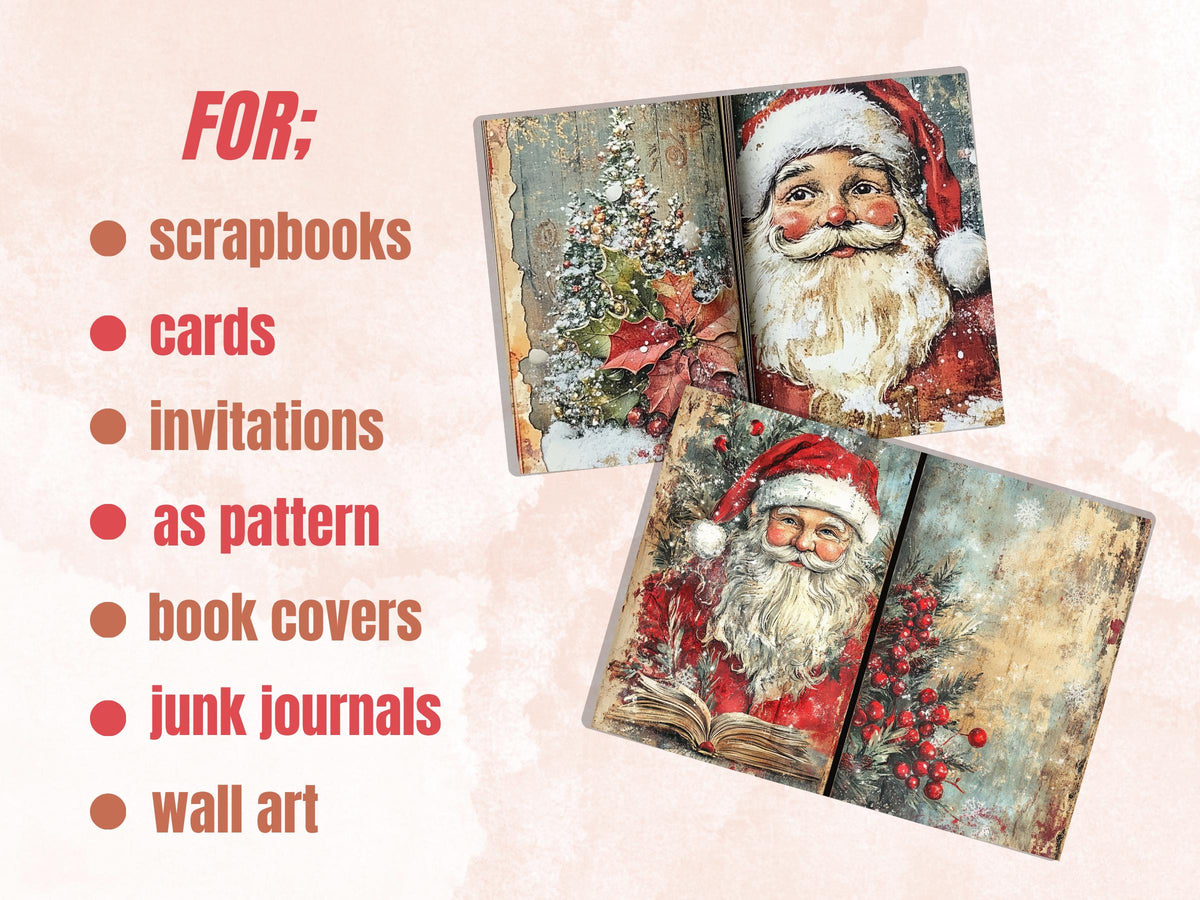 Whimsical Santa Claus Junk Journal Kit, Noel Double Pages Ephemera, Mixed Media Collage Sheet,  Xmas Scrapbook Paper, Christmas ATC Card
