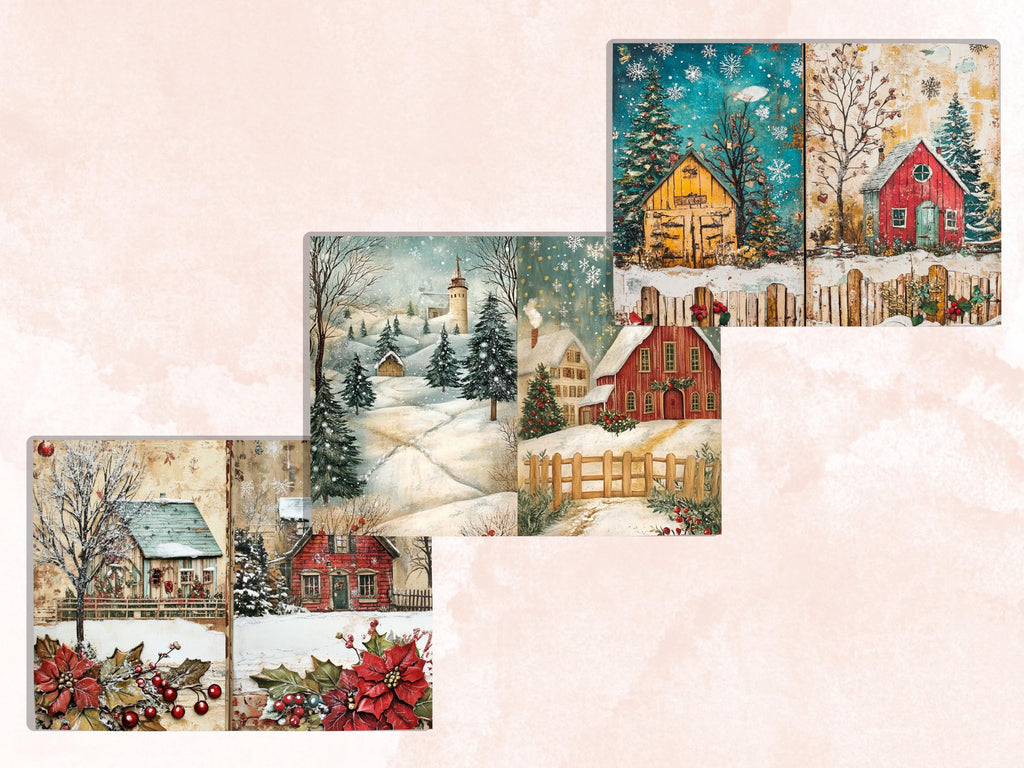 Whimsical Christmas Farm Junk Journal Kit, Country Double Pages Ephemera, Rustic Collage Sheet,  Farm Scrapbook Paper, Christmas ATC Card