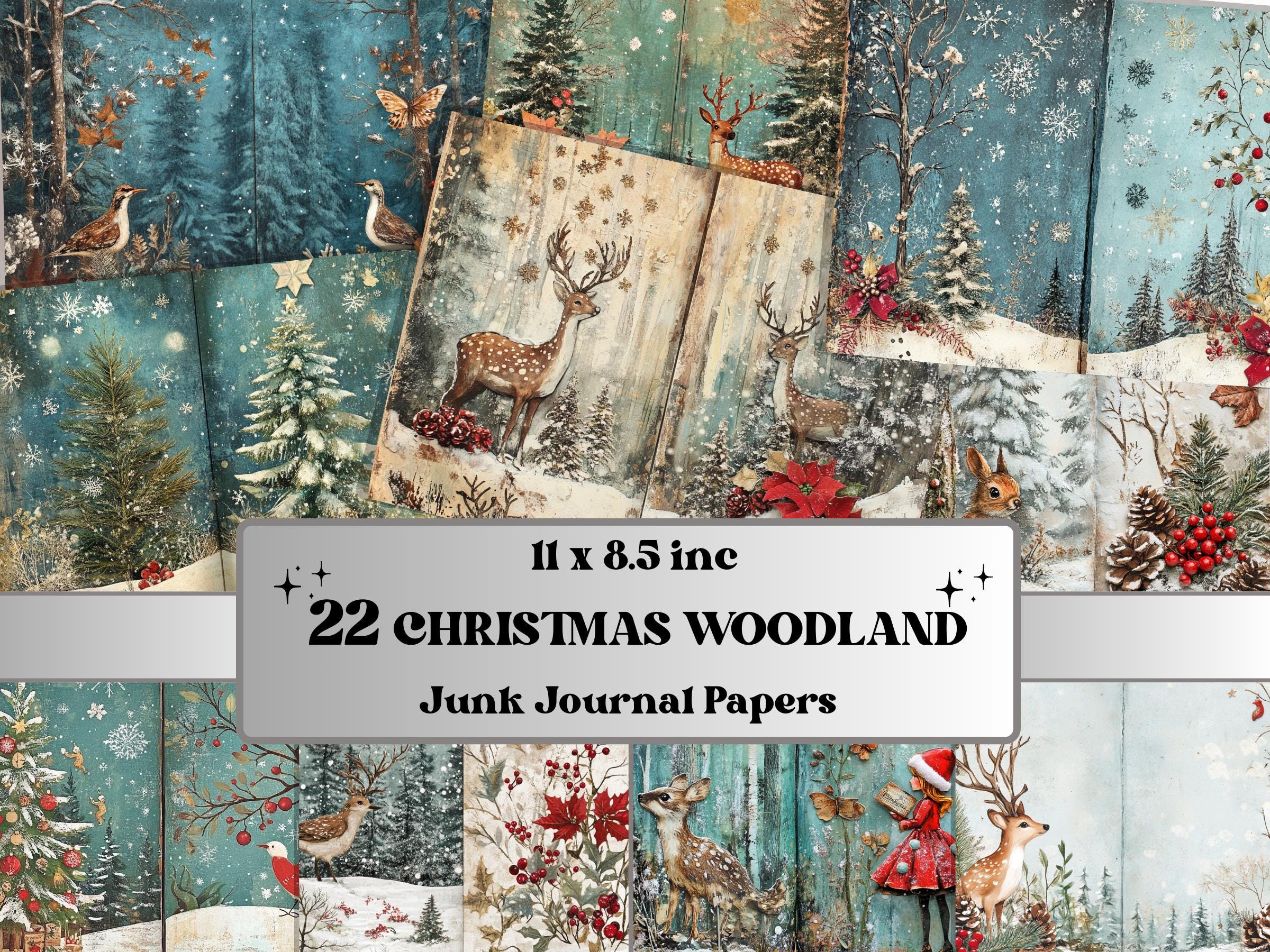 Whimsical Christmas Woodland Junk Journal Kit, Snowy Forest Collage Sheet, Winter Woodland Scrapbook Paper, ATC Card, Xmas Pages Ephemera