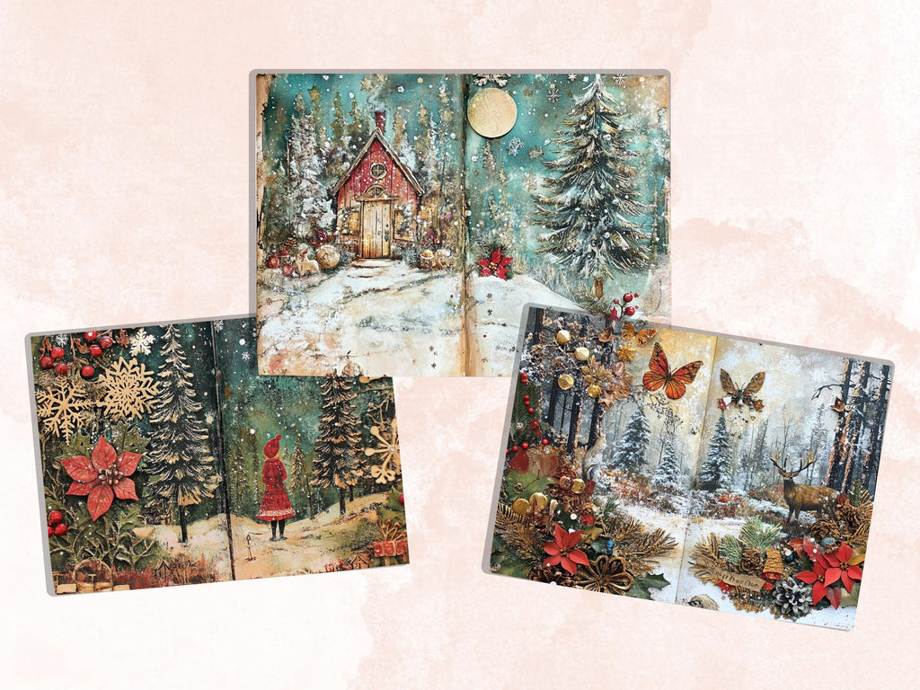 Whimsical Christmas Woodland Junk Journal Kit, Snowy Forest Collage Sheet, Winter Woodland Scrapbook Paper, ATC Card, Xmas Pages Ephemera