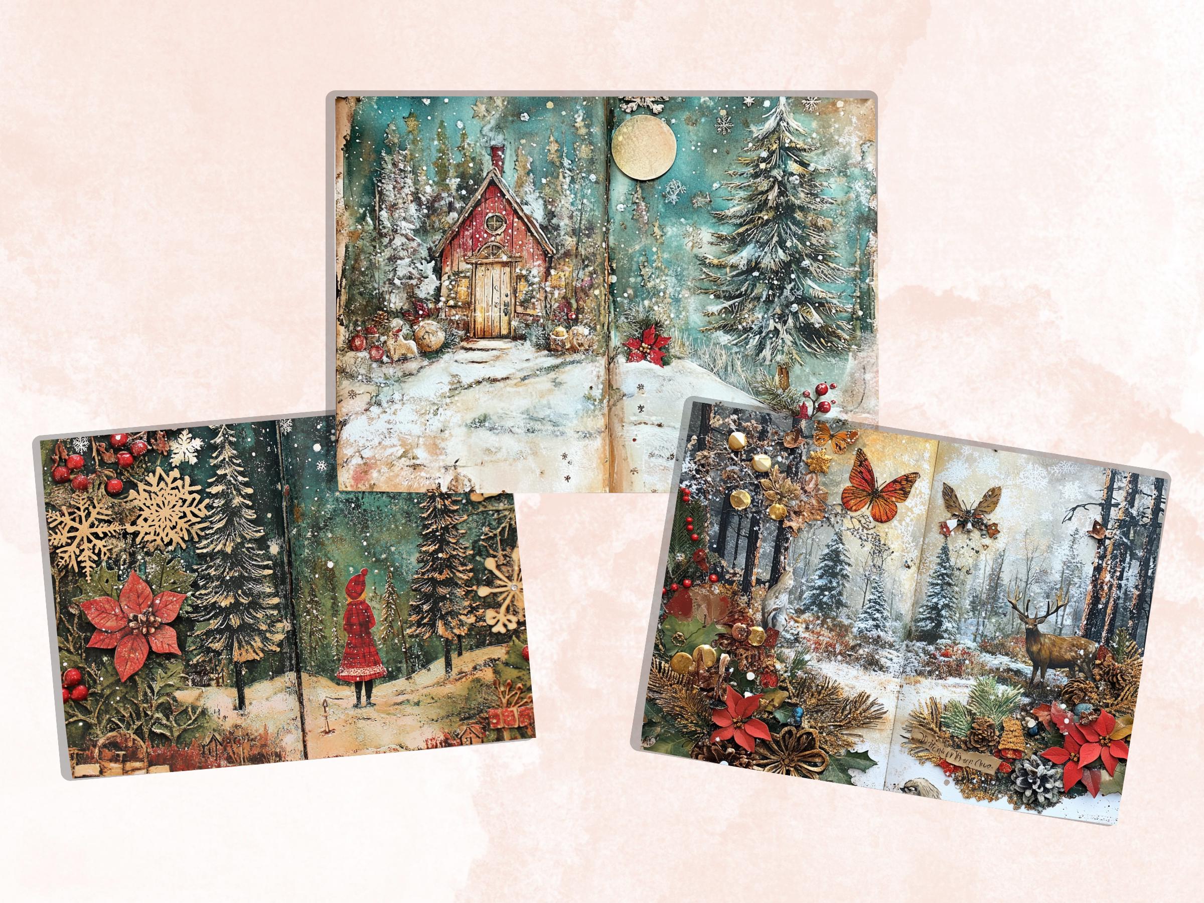 Whimsical Christmas Woodland Junk Journal Kit, Snowy Forest Collage Sheet, Winter Woodland Scrapbook Paper, ATC Card, Xmas Pages Ephemera