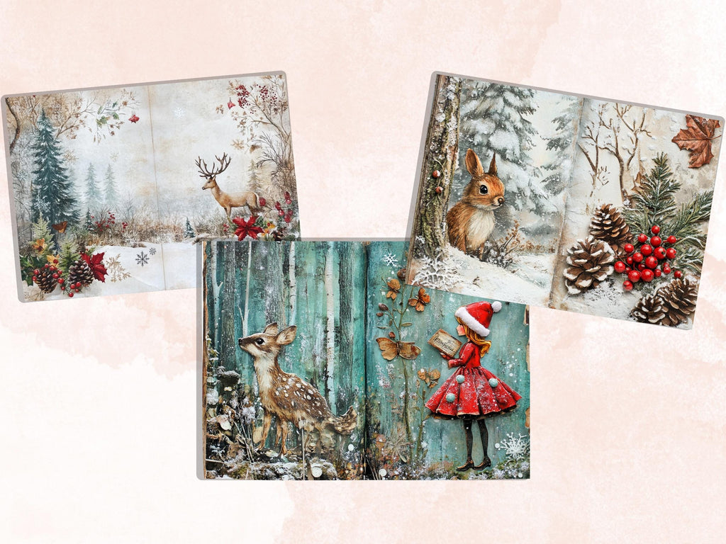 Whimsical Christmas Woodland Junk Journal Kit, Snowy Forest Collage Sheet, Winter Woodland Scrapbook Paper, ATC Card, Xmas Pages Ephemera