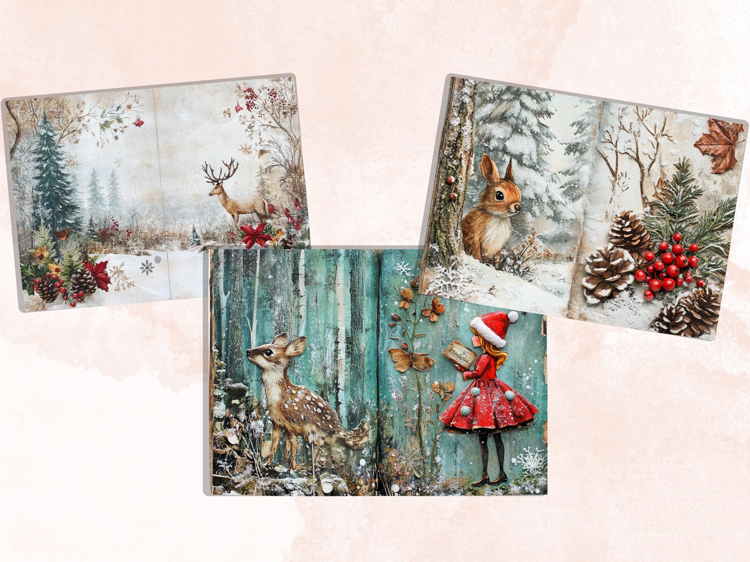 Whimsical Christmas Woodland Junk Journal Kit, Snowy Forest Collage Sheet, Winter Woodland Scrapbook Paper, ATC Card, Xmas Pages Ephemera
