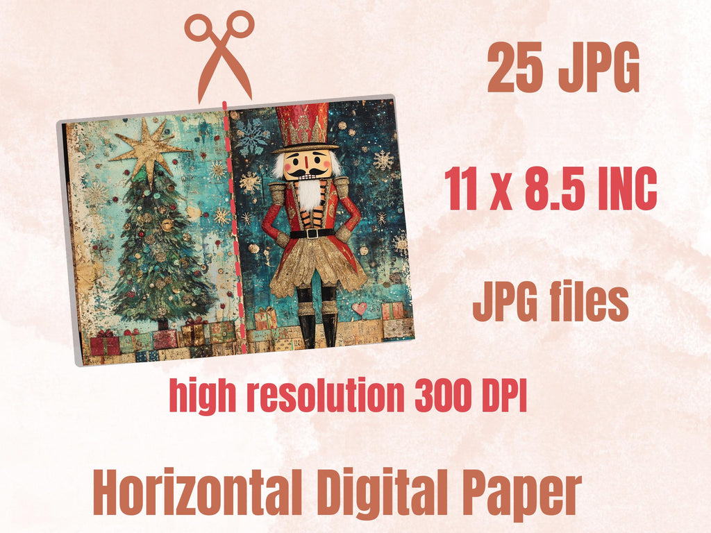 Whimsical Nutcracker Junk Journal Kit, Christmas Nutcracker Ephemera, Mixed Media Collage Sheet,  Xmas Scrapbook Paper, Christmas ATC Card