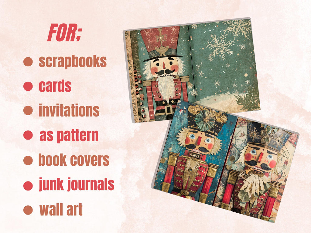 Whimsical Nutcracker Junk Journal Kit, Christmas Nutcracker Ephemera, Mixed Media Collage Sheet,  Xmas Scrapbook Paper, Christmas ATC Card