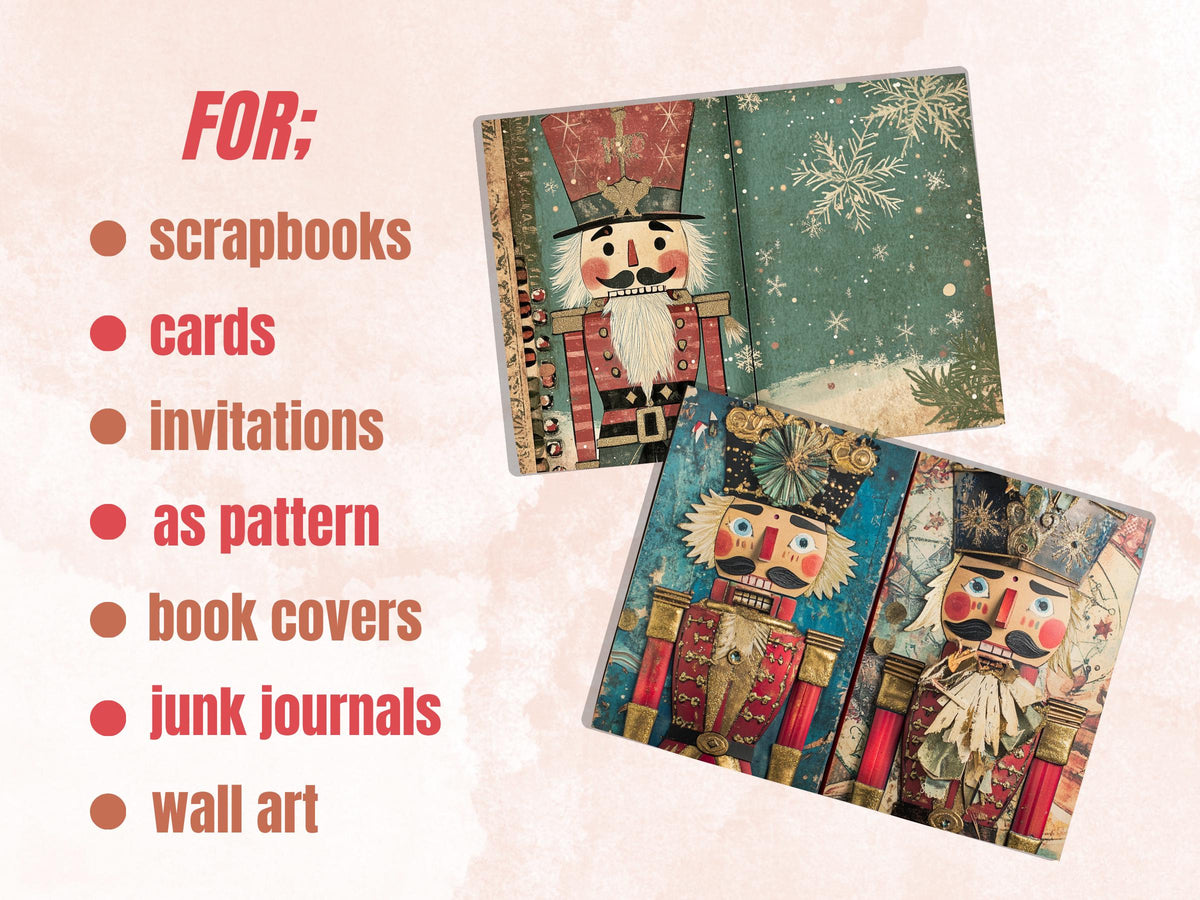 Whimsical Nutcracker Junk Journal Kit, Christmas Nutcracker Ephemera, Mixed Media Collage Sheet,  Xmas Scrapbook Paper, Christmas ATC Card