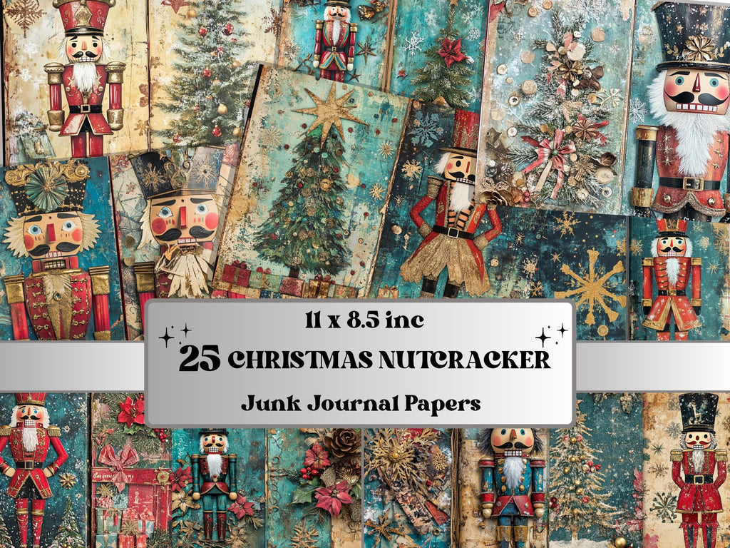 Whimsical Nutcracker Junk Journal Kit, Christmas Nutcracker Ephemera, Mixed Media Collage Sheet,  Xmas Scrapbook Paper, Christmas ATC Card