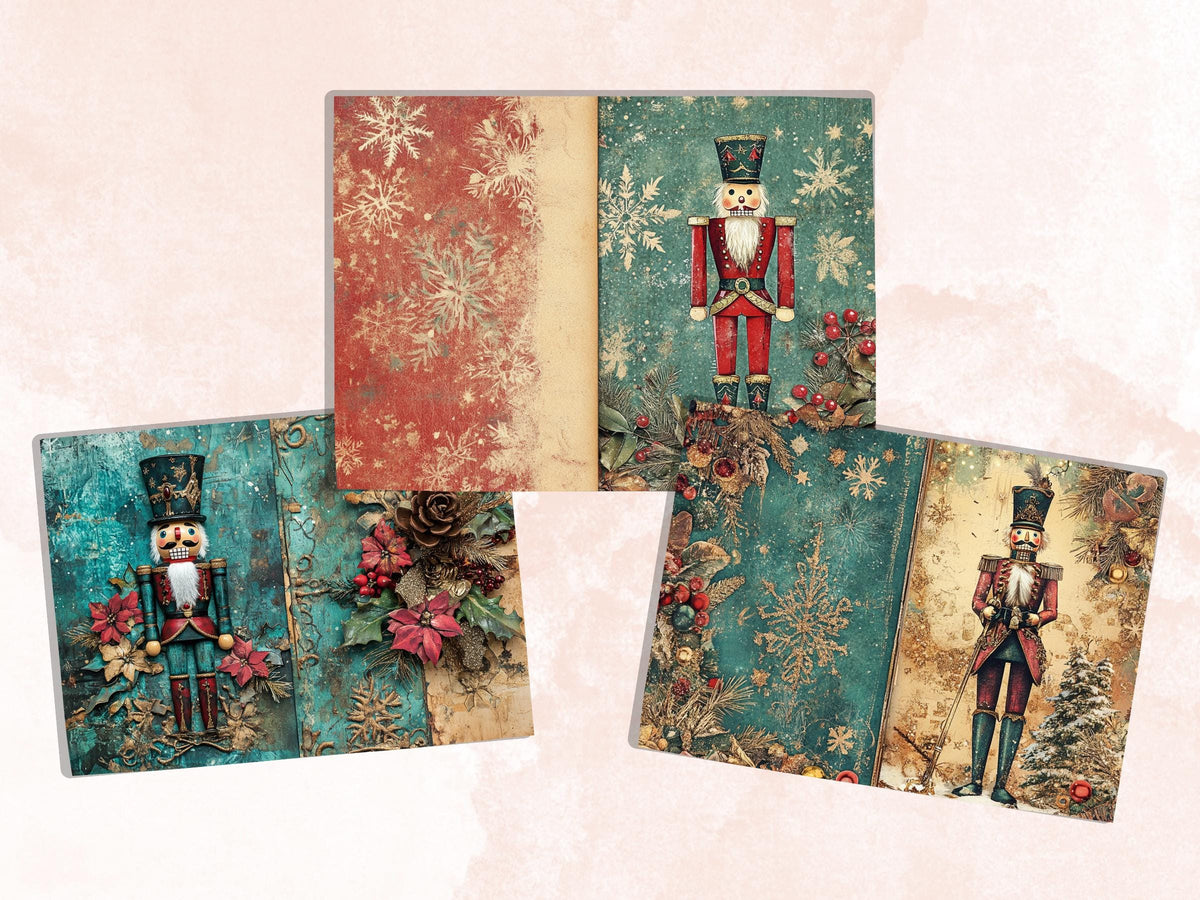 Whimsical Nutcracker Junk Journal Kit, Christmas Nutcracker Ephemera, Mixed Media Collage Sheet,  Xmas Scrapbook Paper, Christmas ATC Card