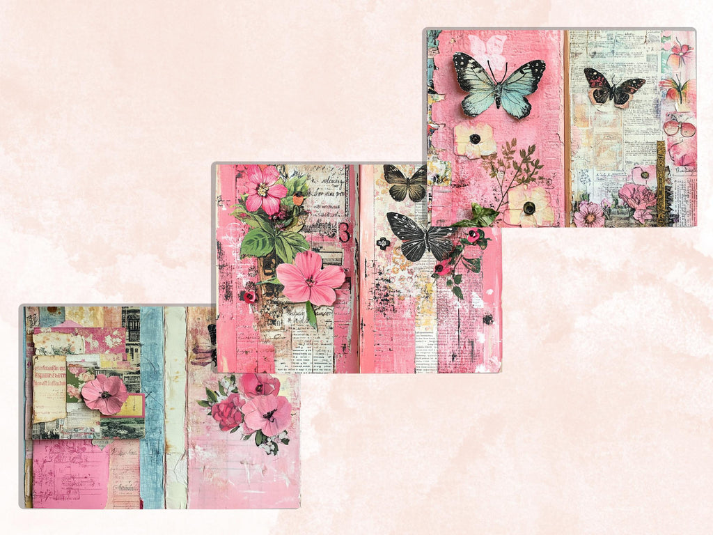 Pink Junk Journal Kit, Pink Pages Ephemera, Whimsical Collage Sheet, Pastel Cute Scrapbook Paper, Mixed Media Art ATC Card, Pink Background