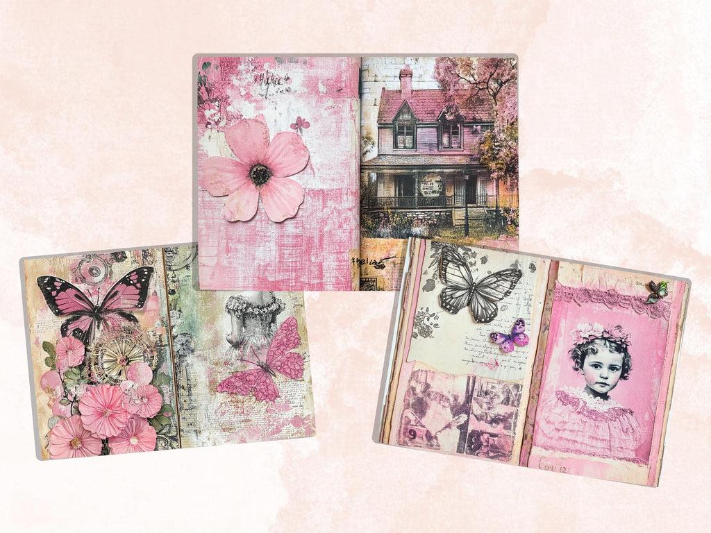 Pink Junk Journal Kit, Pink Pages Ephemera, Whimsical Collage Sheet, Pastel Cute Scrapbook Paper, Mixed Media Art ATC Card, Pink Background