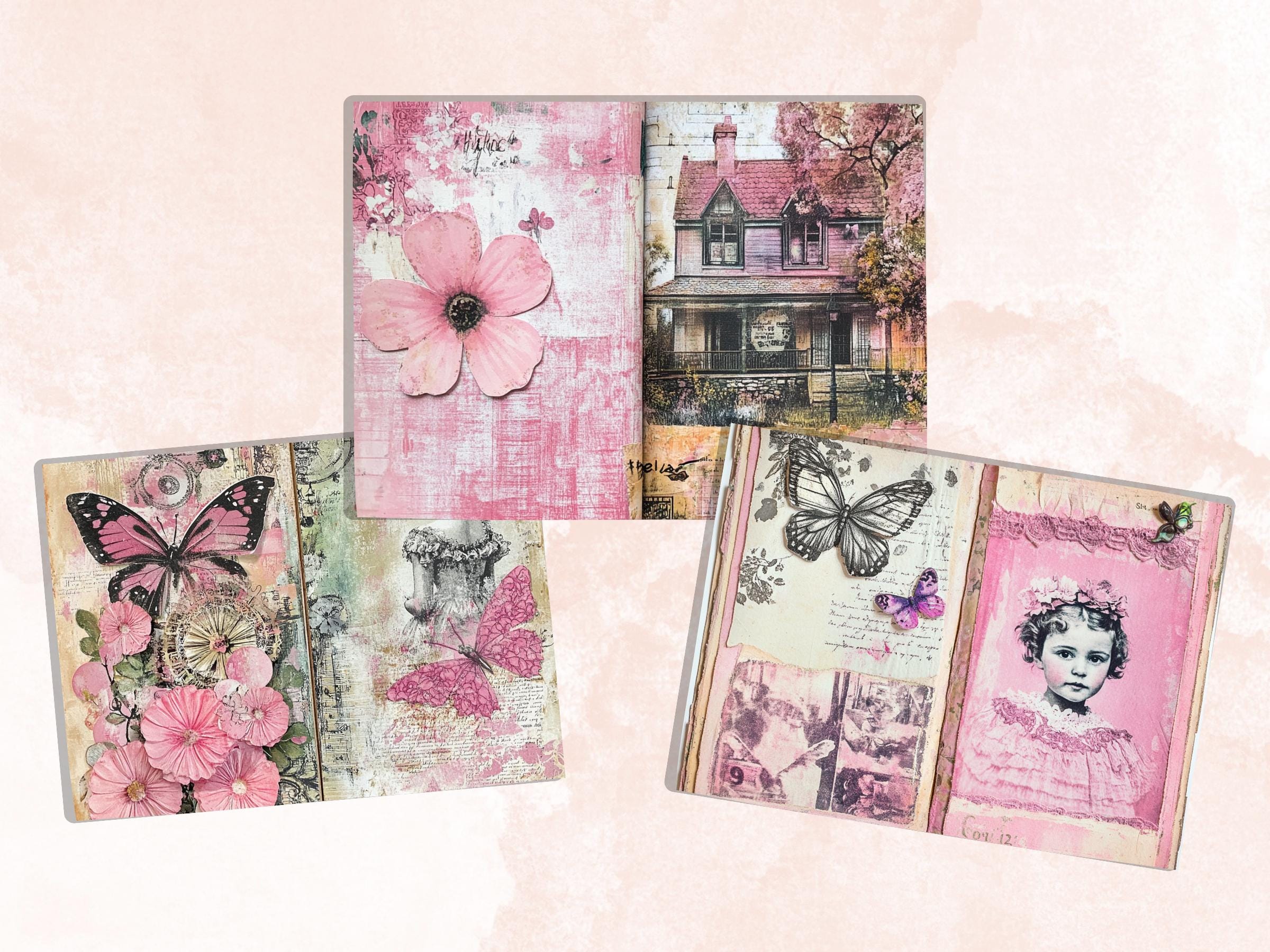 Pink Junk Journal Kit, Pink Pages Ephemera, Whimsical Collage Sheet, Pastel Cute Scrapbook Paper, Mixed Media Art ATC Card, Pink Background