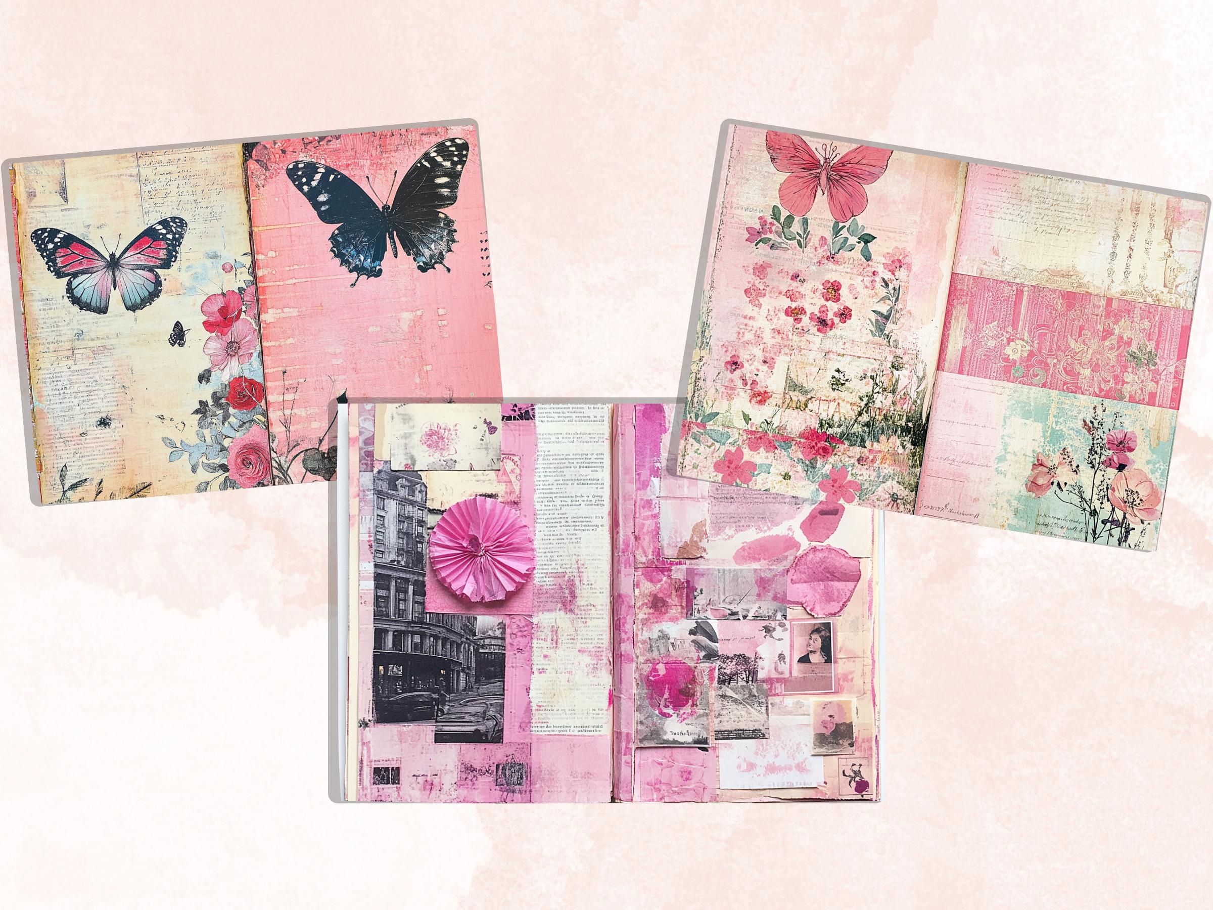 Pink Junk Journal Kit, Pink Pages Ephemera, Whimsical Collage Sheet, Pastel Cute Scrapbook Paper, Mixed Media Art ATC Card, Pink Background