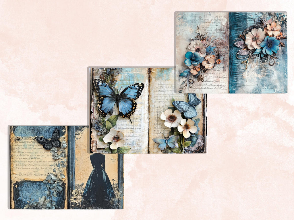 Blue Junk Journal Kit, Blue Pages Ephemera, Whimsical Collage Sheet, Denim Cute Scrapbook Paper, Mixed Media Art ATC Card, Blue Background