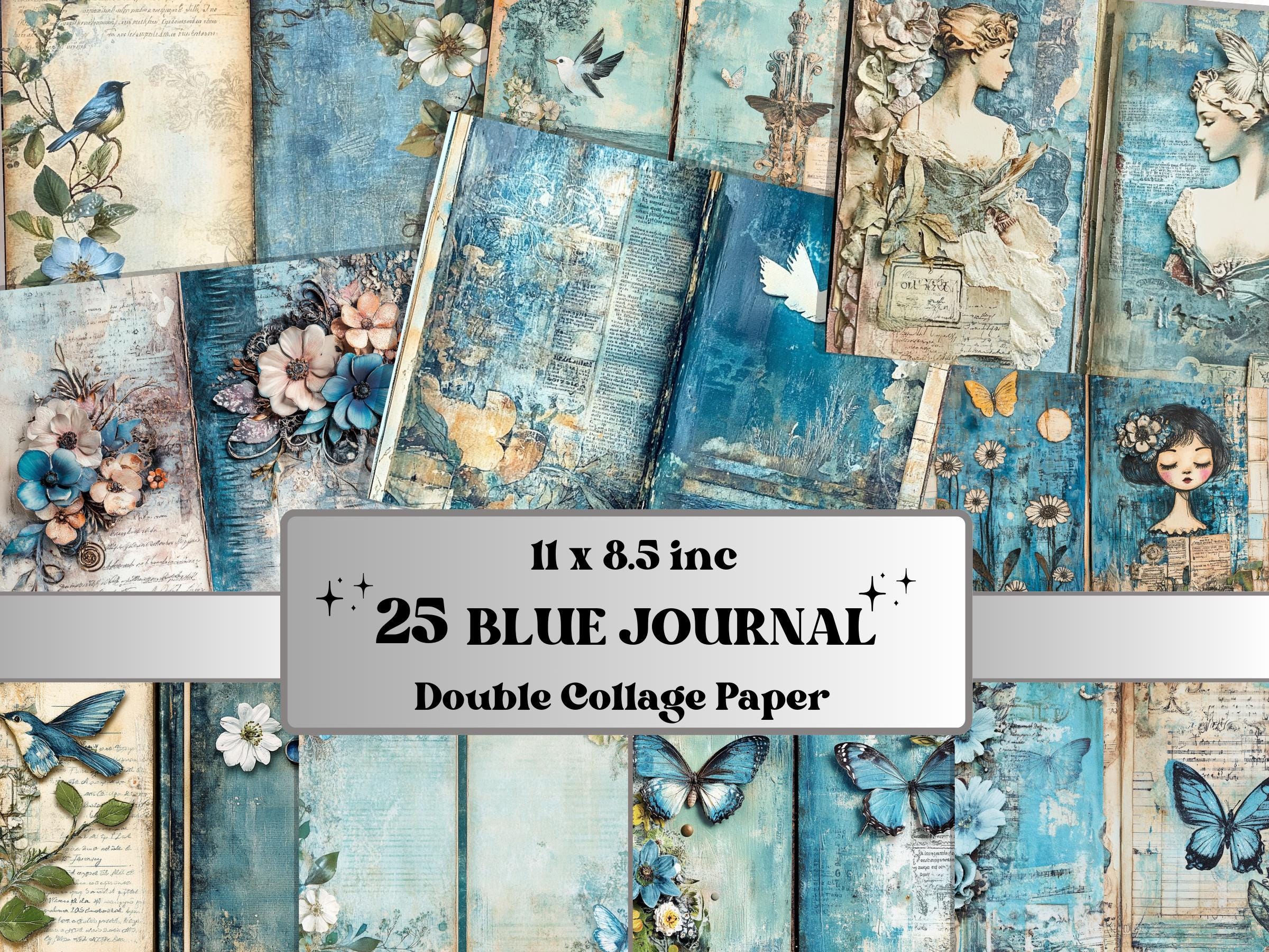 Blue Junk Journal Kit, Blue Pages Ephemera, Whimsical Collage Sheet, Denim Cute Scrapbook Paper, Mixed Media Art ATC Card, Blue Background