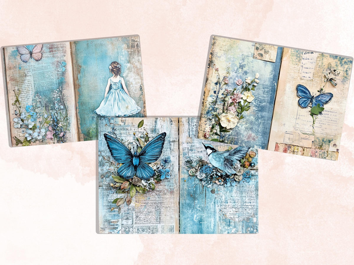 Blue Junk Journal Kit, Blue Pages Ephemera, Whimsical Collage Sheet, Denim Cute Scrapbook Paper, Mixed Media Art ATC Card, Blue Background