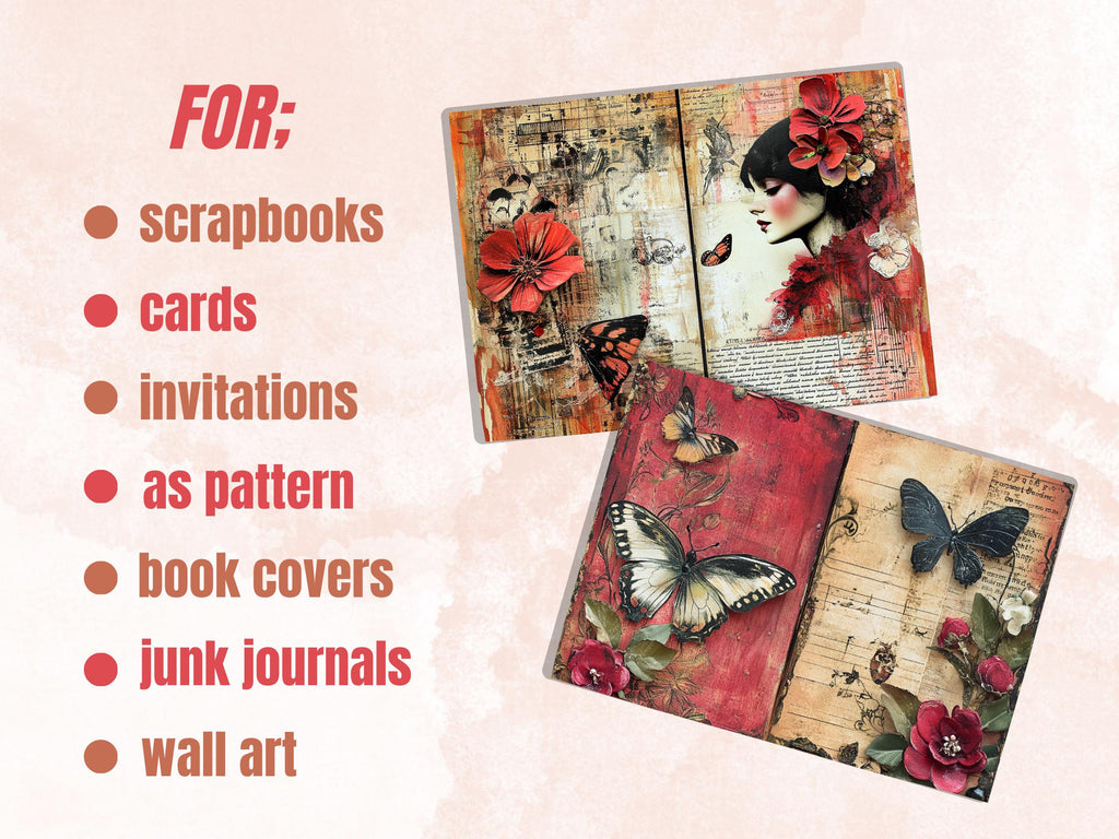 Red Junk Journal Kit, Red Pages Ephemera, Whimsical Collage Sheet, Burgundy Scrapbook Paper, Mixed Media Art ATC Card, Red Background
