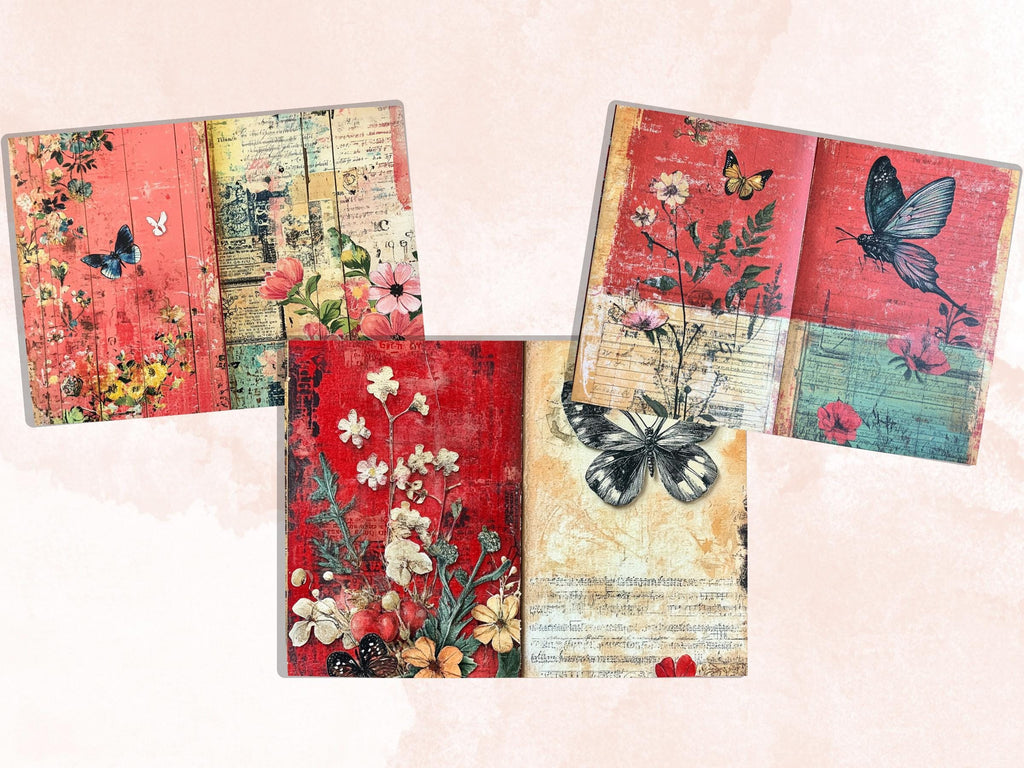 Red Junk Journal Kit, Red Pages Ephemera, Whimsical Collage Sheet, Burgundy Scrapbook Paper, Mixed Media Art ATC Card, Red Background