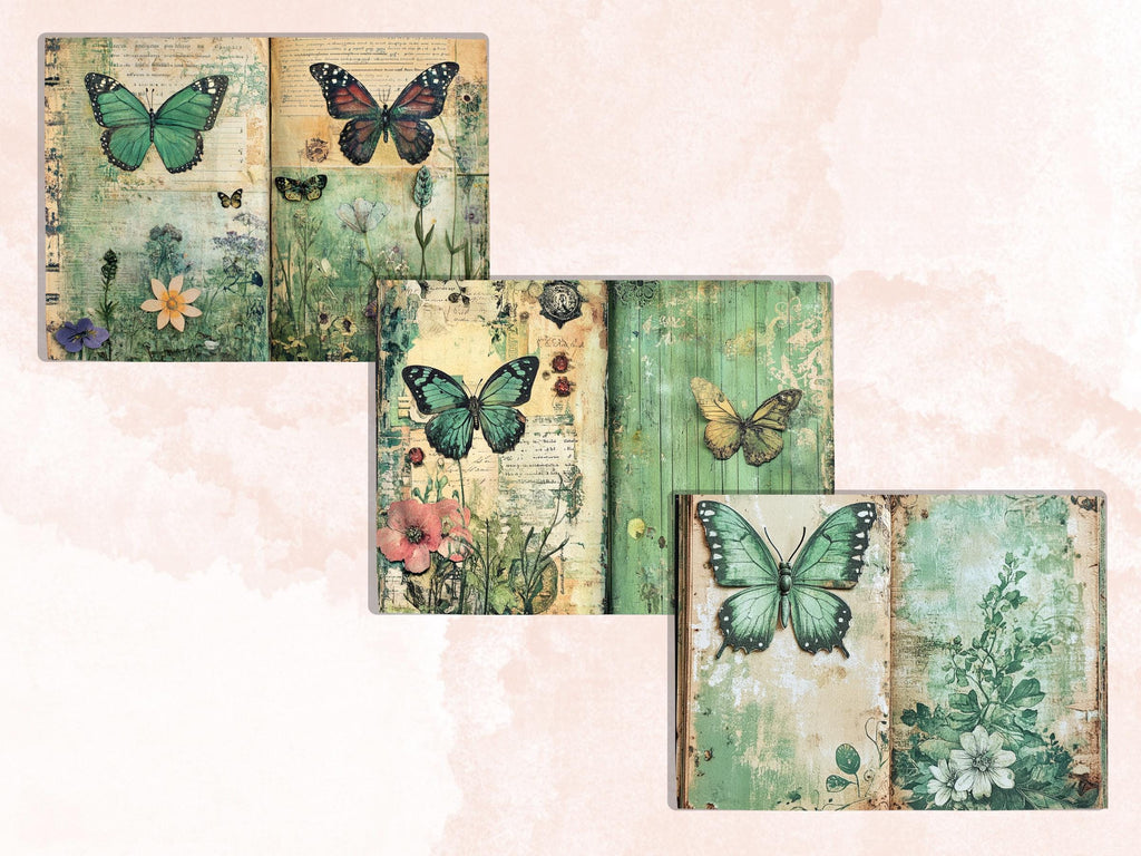 Green Junk Journal Kit, Green Pages Ephemera, Whimsical Collage Sheet, Pastel Cute Scrapbook Paper, Mixed Media ATC Card, Green Background