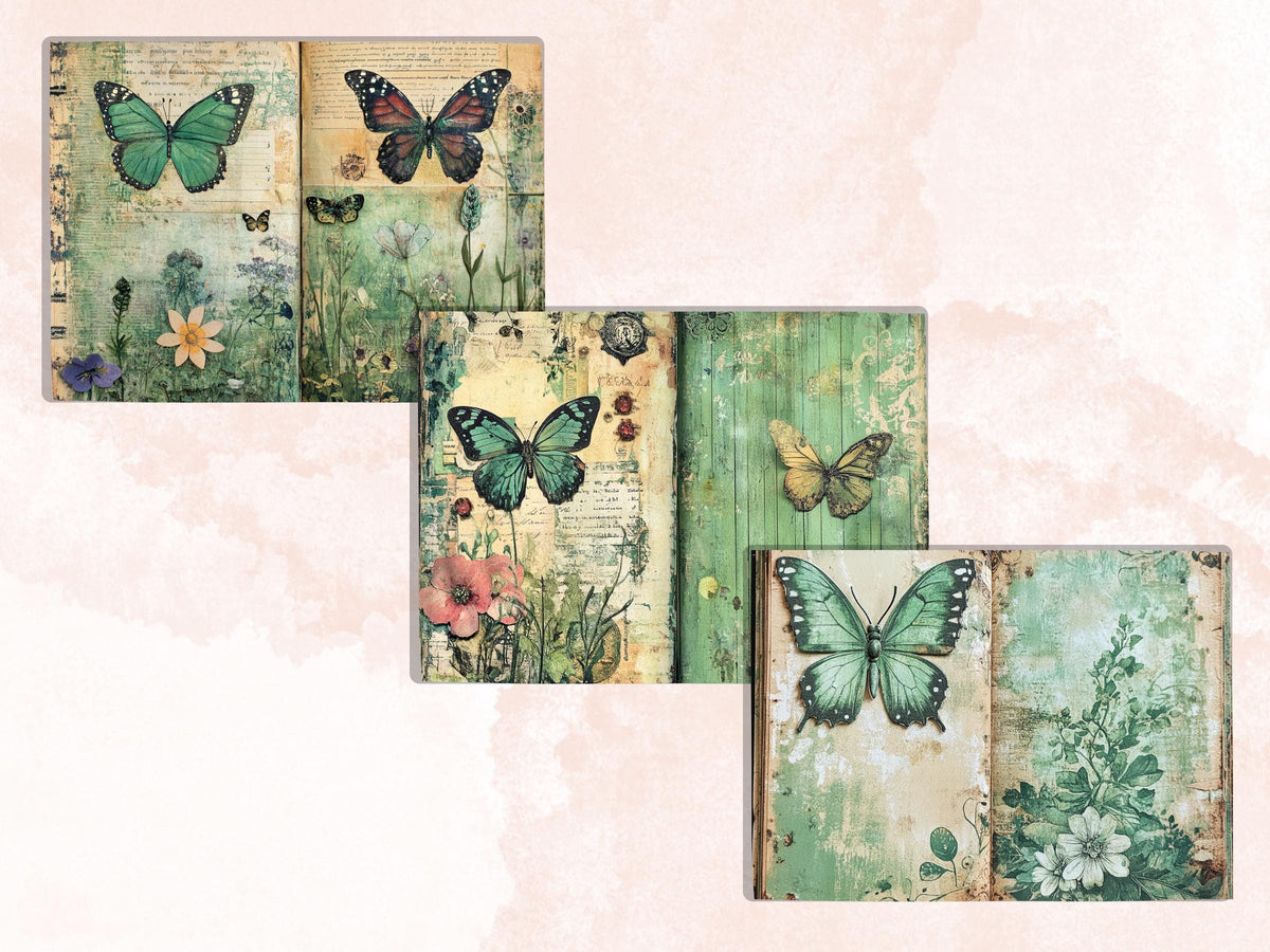 Green Junk Journal Kit, Green Pages Ephemera, Whimsical Collage Sheet, Pastel Cute Scrapbook Paper, Mixed Media ATC Card, Green Background