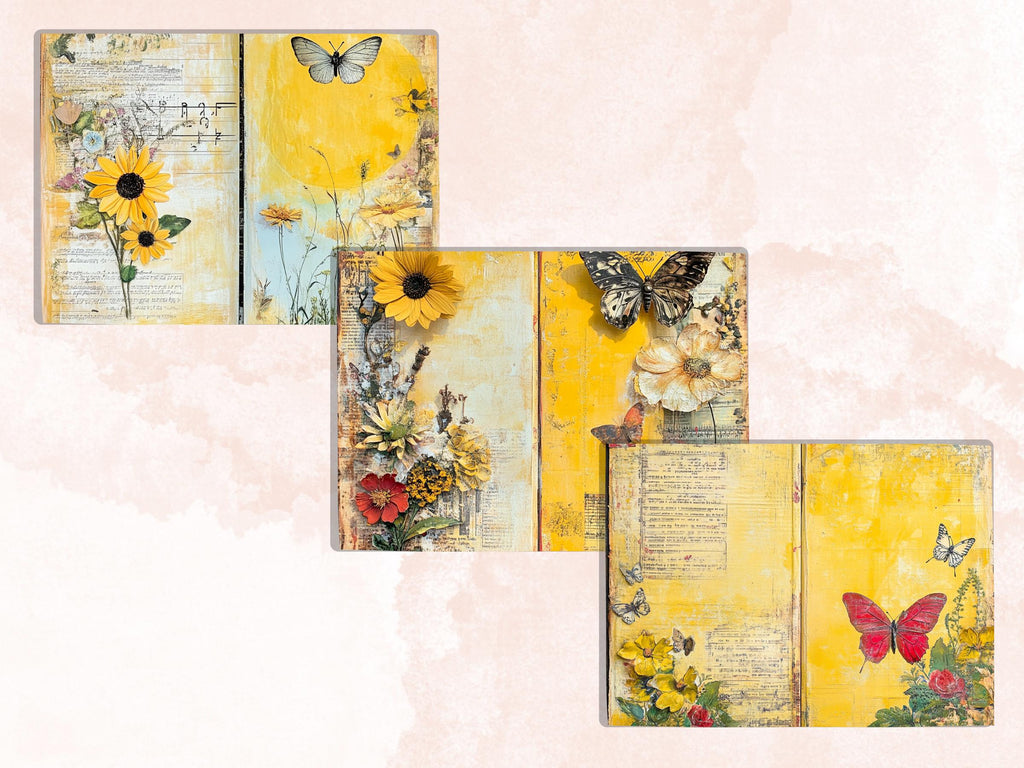 Yellow Junk Journal Kit, Yellow Pages Ephemera, Whimsical Collage Sheet, Pastel Scrapbook Paper, Mixed Media ATC Card, Yellow Background
