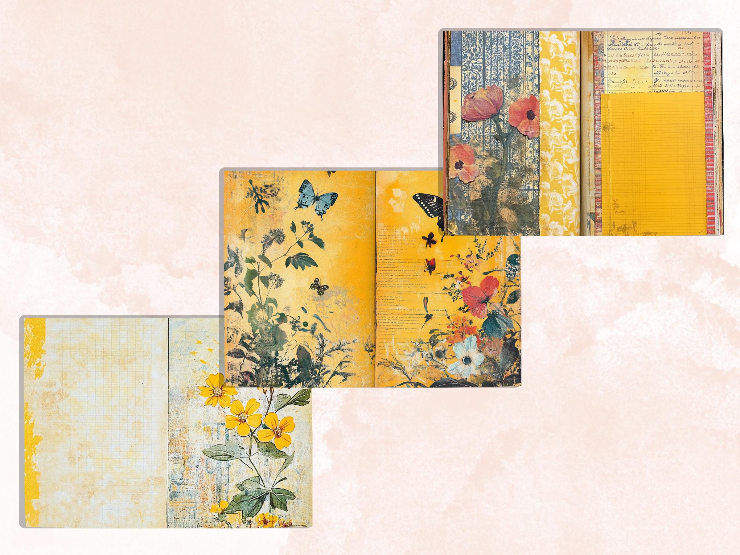 Yellow Junk Journal Kit, Yellow Pages Ephemera, Whimsical Collage Sheet, Pastel Scrapbook Paper, Mixed Media ATC Card, Yellow Background