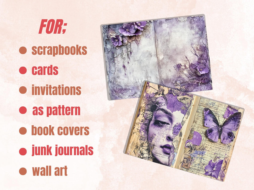 Purple Junk Journal Kit, Purple Pages Ephemera, Whimsical Collage Sheet, Pastel Scrapbook Paper, Mixed Media ATC Card, Purple Background