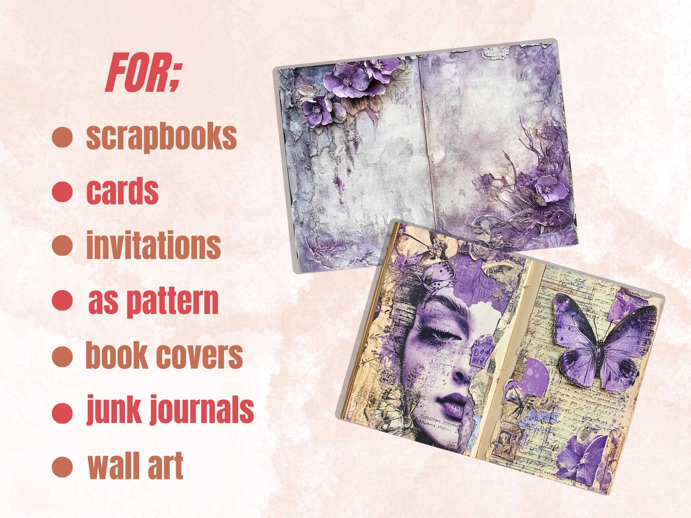 Purple Junk Journal Kit, Purple Pages Ephemera, Whimsical Collage Sheet, Pastel Scrapbook Paper, Mixed Media ATC Card, Purple Background