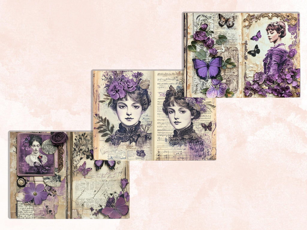 Purple Junk Journal Kit, Purple Pages Ephemera, Whimsical Collage Sheet, Pastel Scrapbook Paper, Mixed Media ATC Card, Purple Background