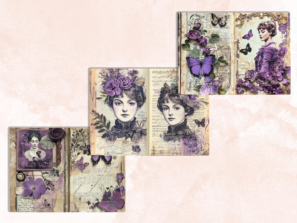 Purple Junk Journal Kit, Purple Pages Ephemera, Whimsical Collage Sheet, Pastel Scrapbook Paper, Mixed Media ATC Card, Purple Background