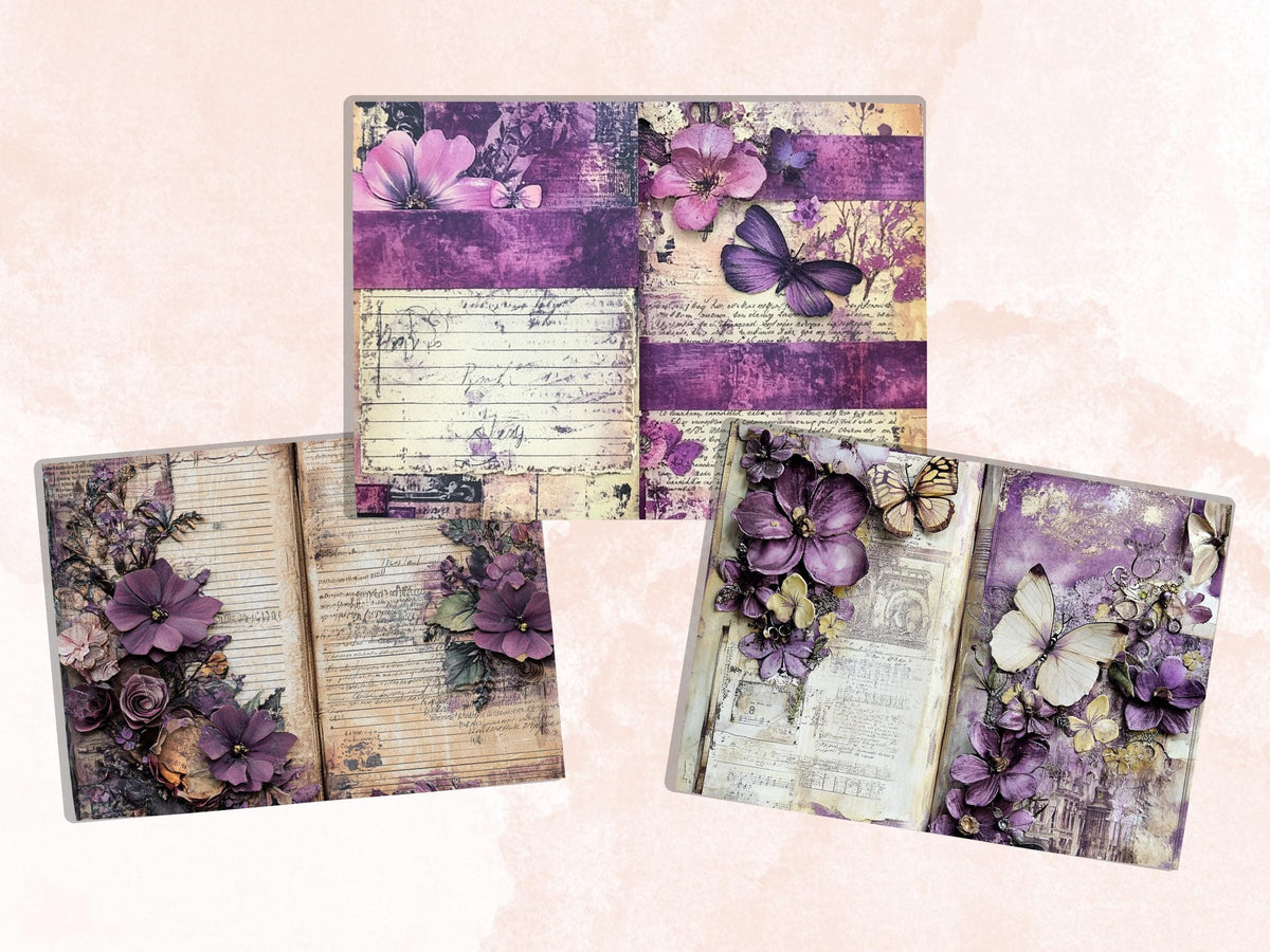 Purple Junk Journal Kit, Purple Pages Ephemera, Whimsical Collage Sheet, Pastel Scrapbook Paper, Mixed Media ATC Card, Purple Background