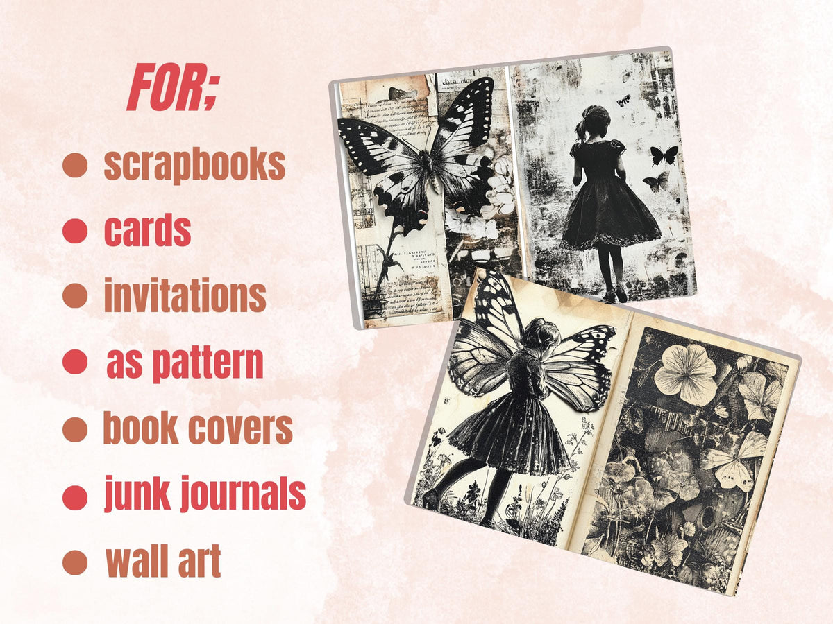 Black and White Junk Journal Kit, Old Pages Ephemera, Whimsical Collage Sheet, B&W Scrapbook Paper, Mixed Media ATC Card, BW Background