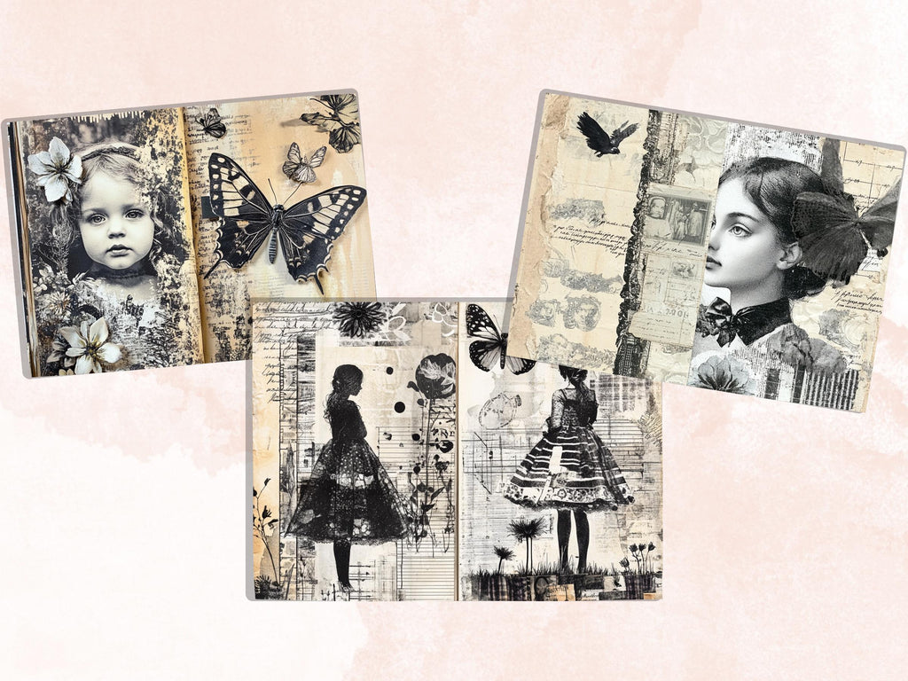 Black and White Junk Journal Kit, Old Pages Ephemera, Whimsical Collage Sheet, B&W Scrapbook Paper, Mixed Media ATC Card, BW Background