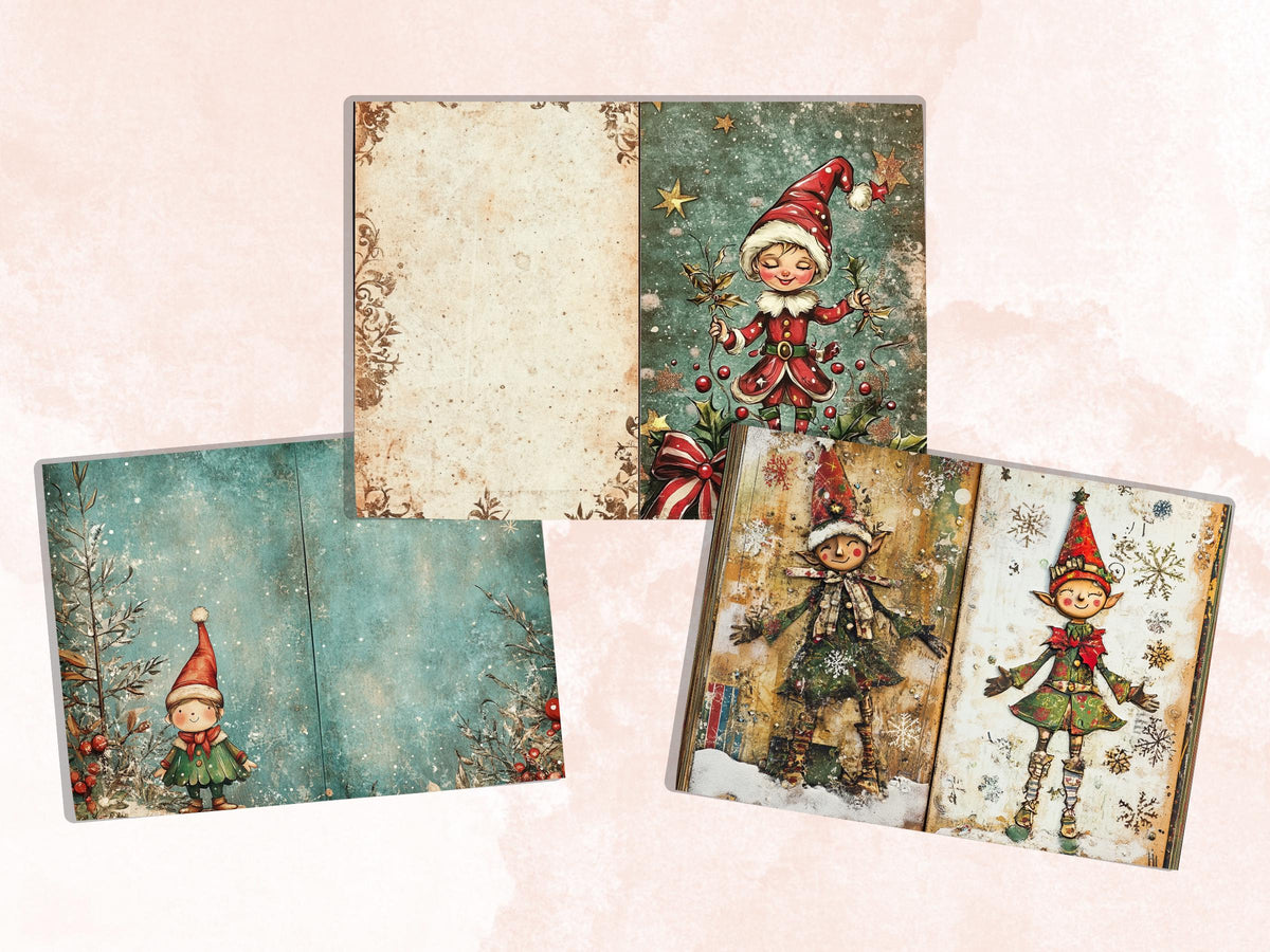 Whimsical Christmas Elf Junk Journal Kit, Elves Pages Ephemera, Xmas Collage Sheet,  Christmas Scrapbook Paper, Printable Vintage ATC Card