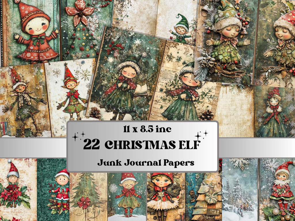 Whimsical Christmas Elf Junk Journal Kit, Elves Pages Ephemera, Xmas Collage Sheet,  Christmas Scrapbook Paper, Printable Vintage ATC Card