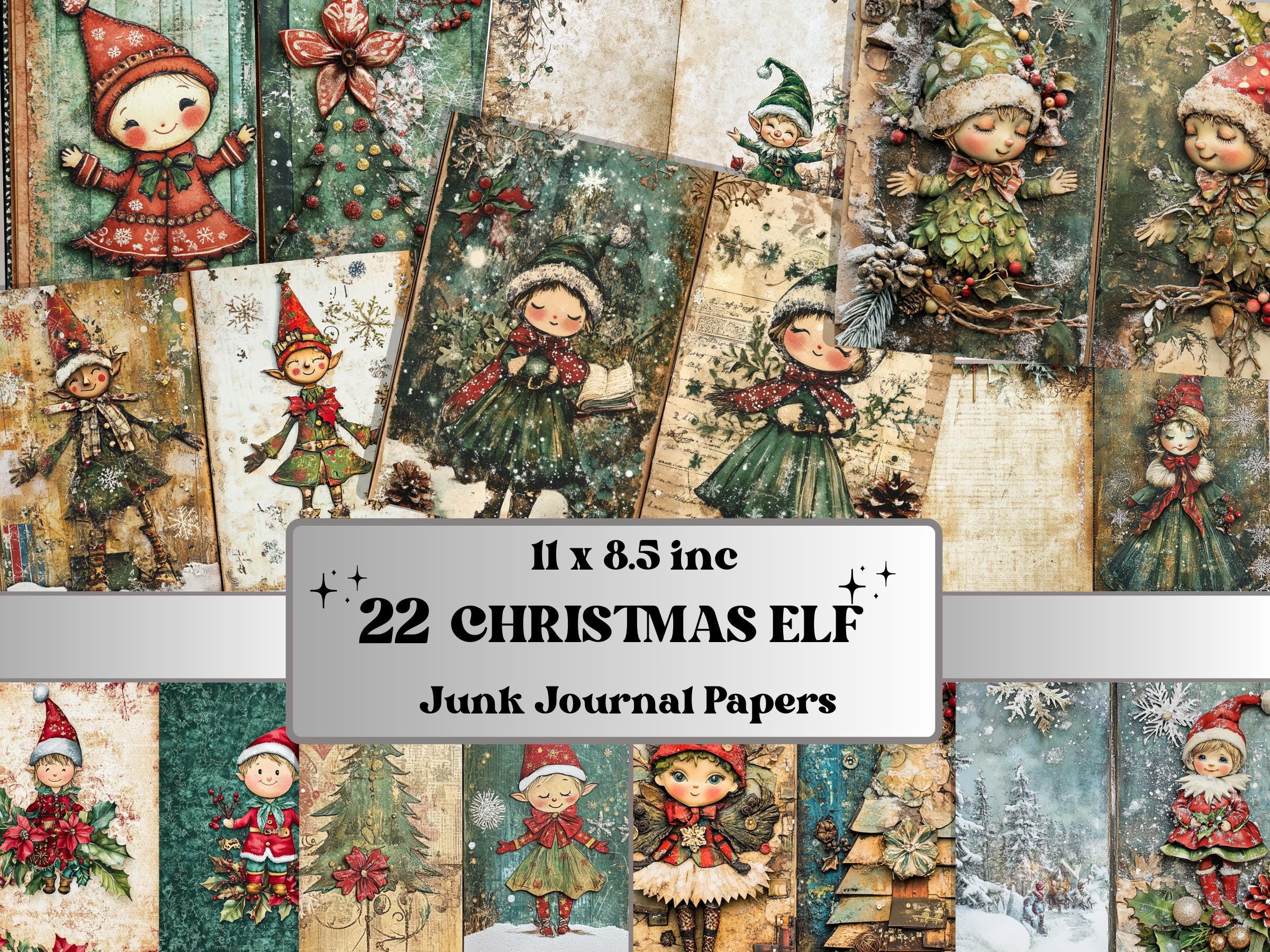 Whimsical Christmas Elf Junk Journal Kit, Elves Pages Ephemera, Xmas Collage Sheet,  Christmas Scrapbook Paper, Printable Vintage ATC Card