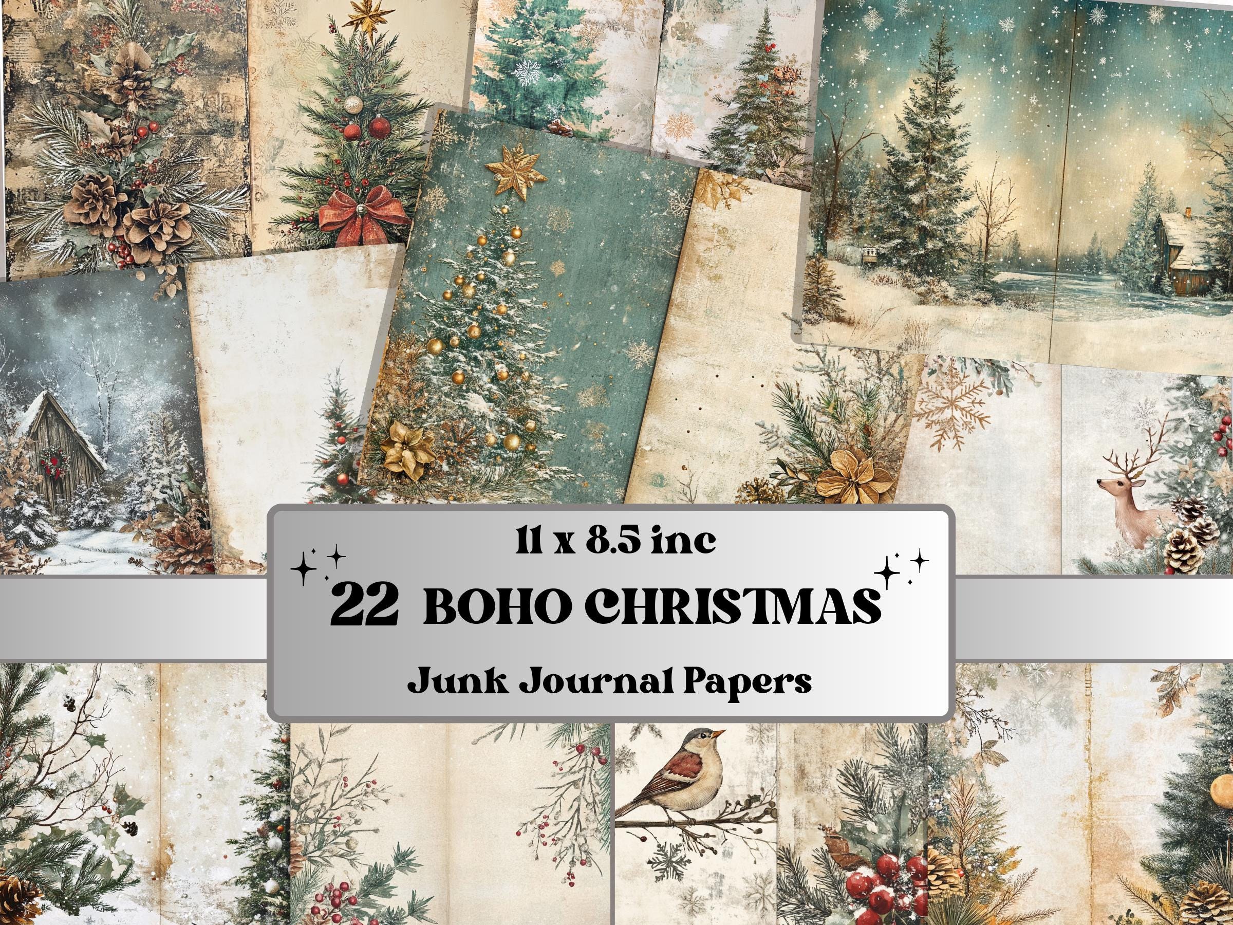 Boho Neutral Christmas Junk Journal Kit, Beige Noel Pages Ephemera, Mixed Media Collage Sheet, Xmas Scrapbook Paper, Christmas ATC Card