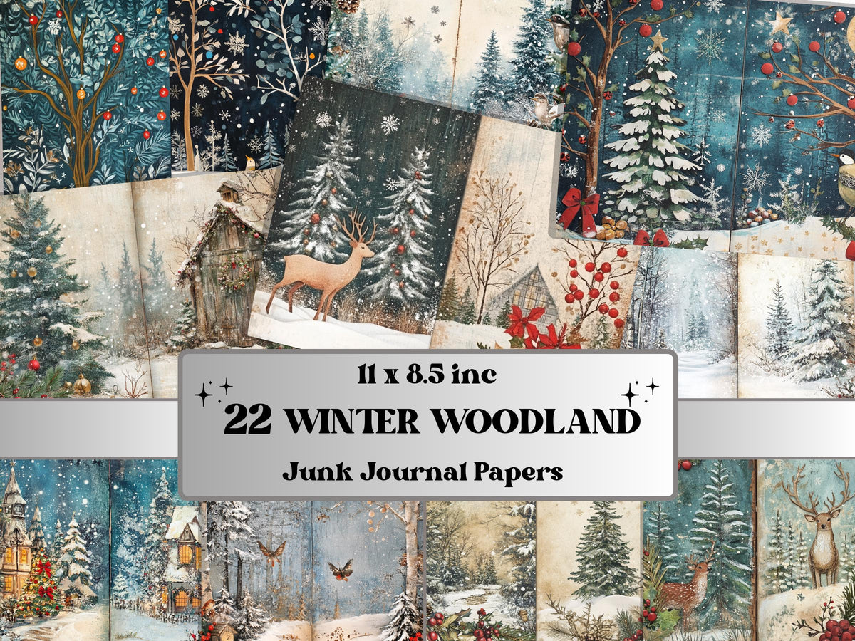 Winter Woodland Christmas Junk Journal Kit, Snowy Forest Pages Ephemera, Mixed Media Collage Sheet, Xmas Scrapbook Paper, Christmas ATC Card