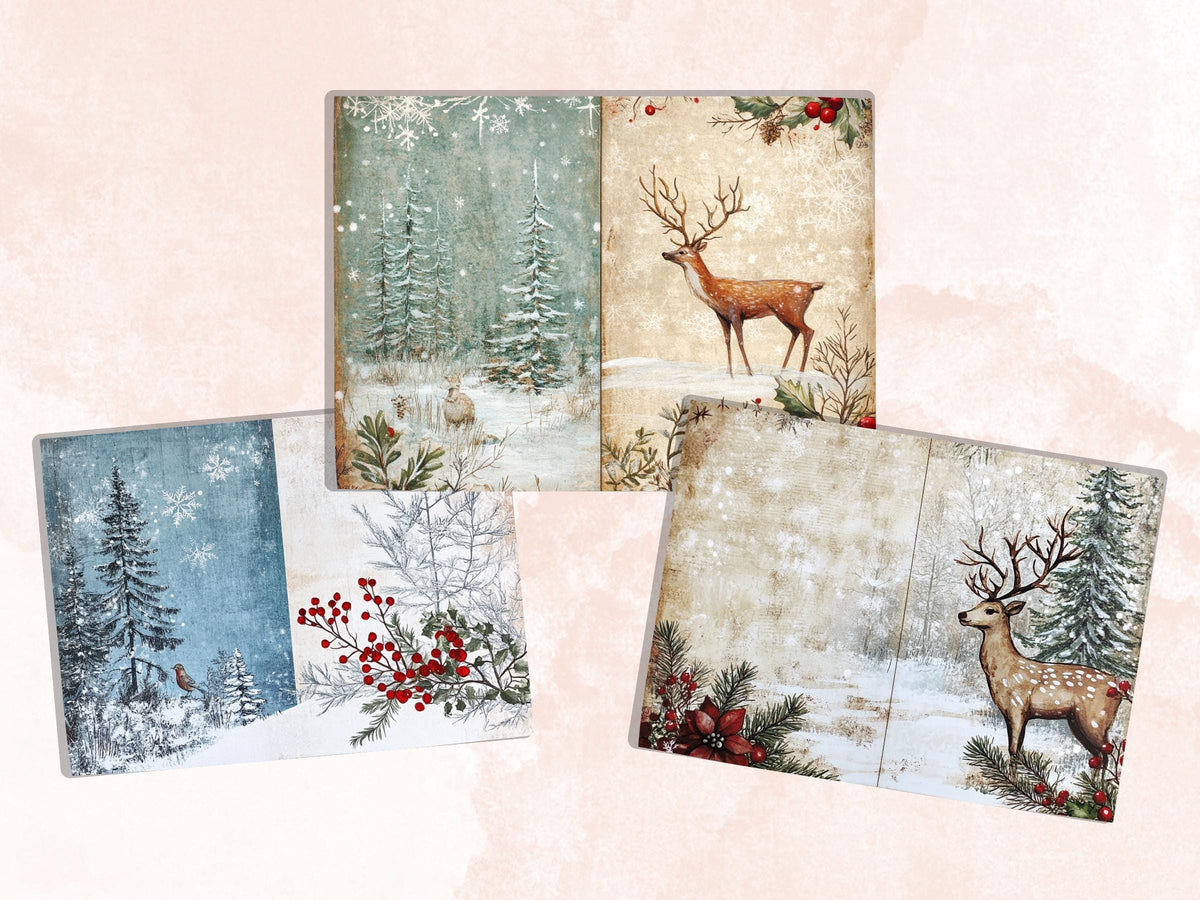 Winter Woodland Christmas Junk Journal Kit, Snowy Forest Pages Ephemera, Mixed Media Collage Sheet, Xmas Scrapbook Paper, Christmas ATC Card