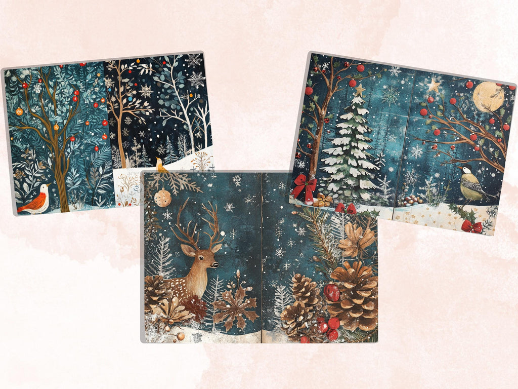 Winter Woodland Christmas Junk Journal Kit, Snowy Forest Pages Ephemera, Mixed Media Collage Sheet, Xmas Scrapbook Paper, Christmas ATC Card