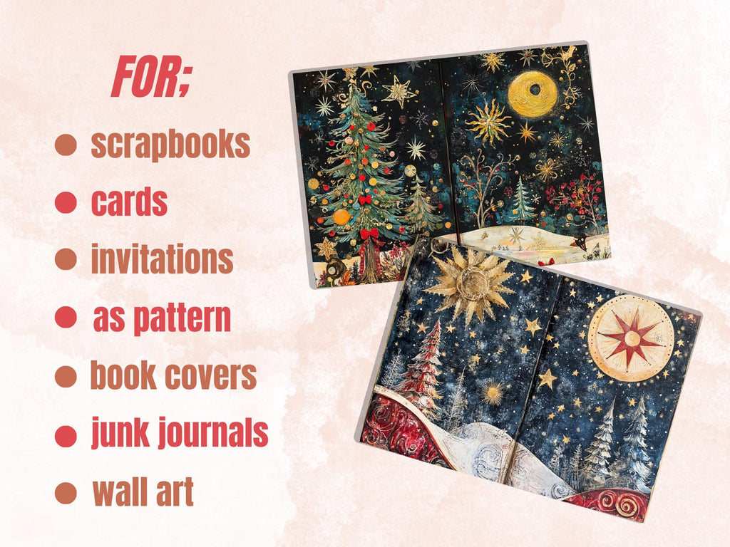 Celestial Christmas Junk Journal Kit, Starry Holly Noel Pages Ephemera, Mixed Media Collage Sheet, Xmas Scrapbook Paper, Christmas ATC Card